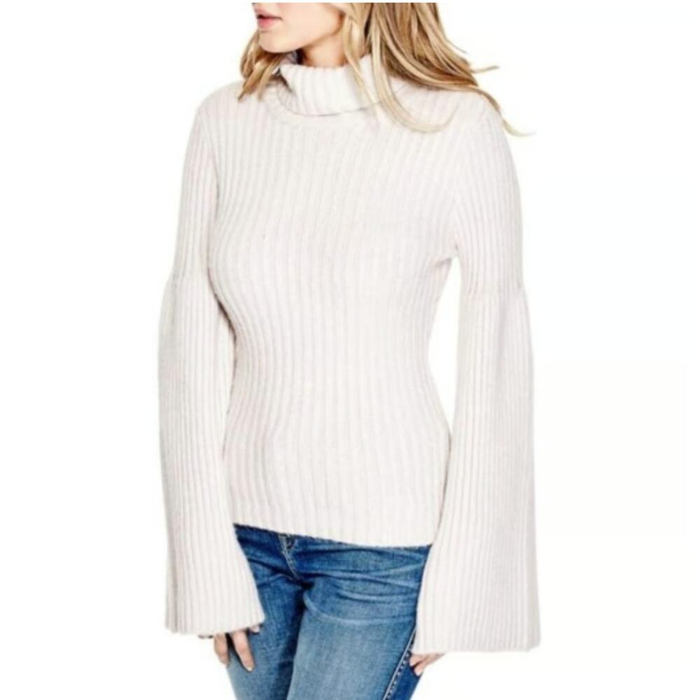 Guess turtleneck cable knit bell sleeve sweater ribbed wool blend womans S